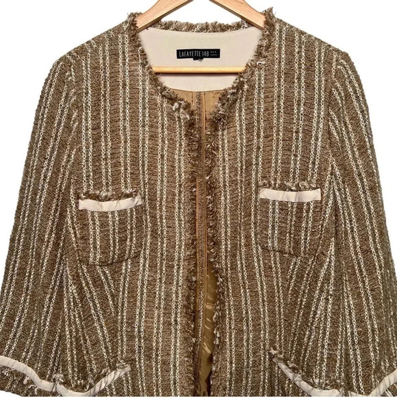 Lafayette 148 Textured Tan Tweed Blazer Jacket Pockets Fringe Trim Size 16 - Picture 6 of 6